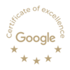Gold circular Google 'Certificate of excellence' badge with five gold stars