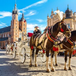 Ozdobne dorożki na krakowskim Rynku Głównym, z Bazyliką Mariacką i Sukiennicami pod jasnym niebem