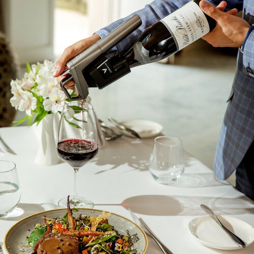 Sommelier nalewający czerwone wino do kieliszka przy białym obrusie, stek z sosem i wyrafinowana sałatka.