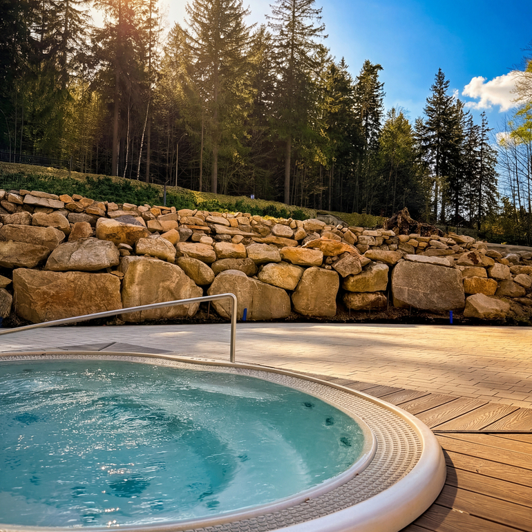 Außen-Whirlpool auf Holzdeck mit sprudelndem Wasser, Felsmauer und Kiefernwald im Hintergrund, sonnige entspannende Spa-Atmosphäre.