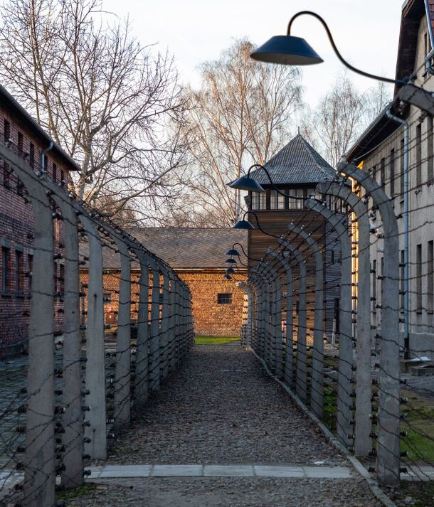 Żwirowa ścieżka między ogrodzeniami z drutu kolczastego prowadzi do drewnianej wieży wartowniczej i ceglanych budynków.